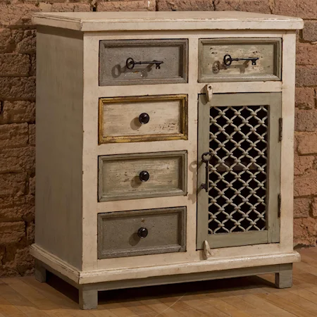 White Cabinet with Key Hardware and Woven Metal Door